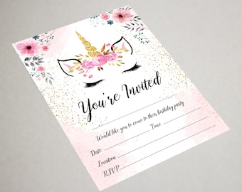 Unicorn Theme Birthday Party Invitations Kids Invites Children Pink Girls