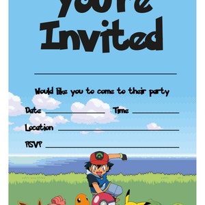 May include: You're Invited party invitation with a blue background and a cartoon image of Pokemon characters including Pikachu, Bulbasaur, Charmander, Squirtle, and Ash Ketchum.