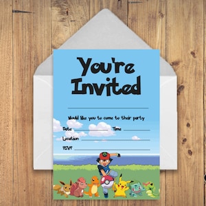 May include: A blue and white Pokemon party invitation with the text "You're Invited". The invitation has space to fill in the date, time, location, and RSVP information. The invitation features a cartoon image of Ash Ketchum and his Pokemon.
