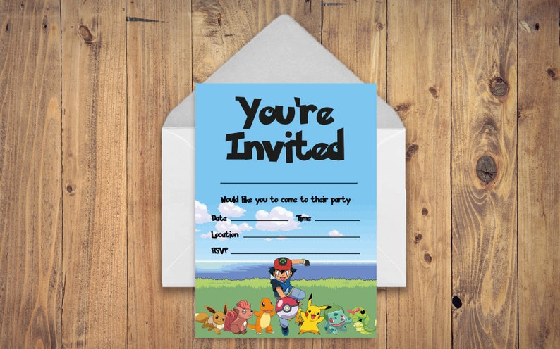 May include: A blue and white Pokemon party invitation with the text "You're Invited". The invitation has space to fill in the date, time, location, and RSVP information. The invitation features a cartoon image of Ash Ketchum and his Pokemon.