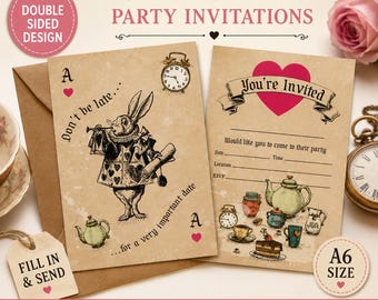 VINTAGE ALICE in WONDERLAND theme party invitations vintage invites - with or without envelopes