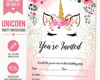 Unicorn Party Invitations Kids Birthday Invites Fill In Cards A6 Girls
