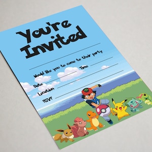 May include: You're Invited party invitation with a blue sky and ocean background.  The invitation features a cartoon image of Ash Ketchum from Pokemon with Pikachu, Bulbasaur, Charmander, Squirtle, and a Pokeball.