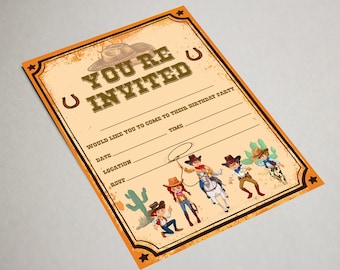 Cowboy Party Invites Kids Birthday Party Invitations - Cowgirl Theme Invites Girls Boys - With or without envelopes