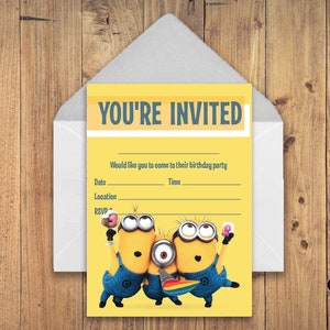 May include: A yellow birthday party invitation with three Minions characters. The invitation says "You're Invited" and has space to fill in the date, time, location, and RSVP information.