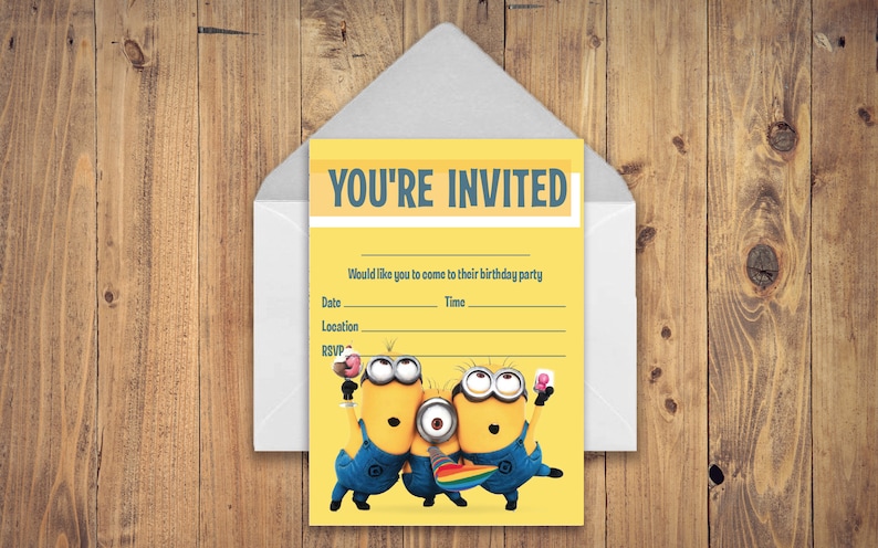 May include: A yellow birthday party invitation with three Minions characters. The invitation says "You're Invited" and has space to fill in the date, time, location, and RSVP information.