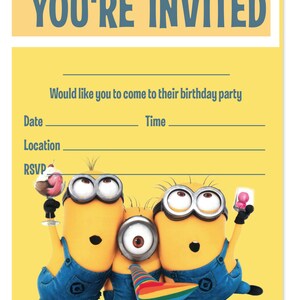 May include: A yellow birthday party invitation with three Minions characters. The invitation says "You're Invited" and has space to fill in the date, time, location, and RSVP information.
