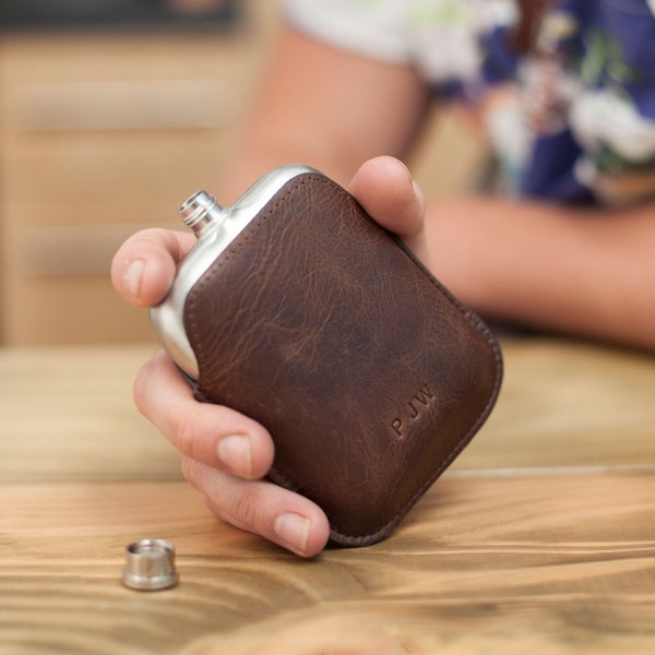 Personalised Leather Sleeve Steel Hip Flask