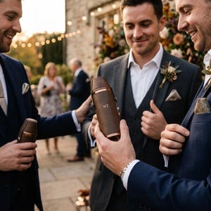 May include: A brown leather flask with copper-colored accents and the initials "NT" engraved on the front. The flask is held by a person wearing a navy blue suit. The image shows a group of people in suits, possibly at a wedding or formal event.