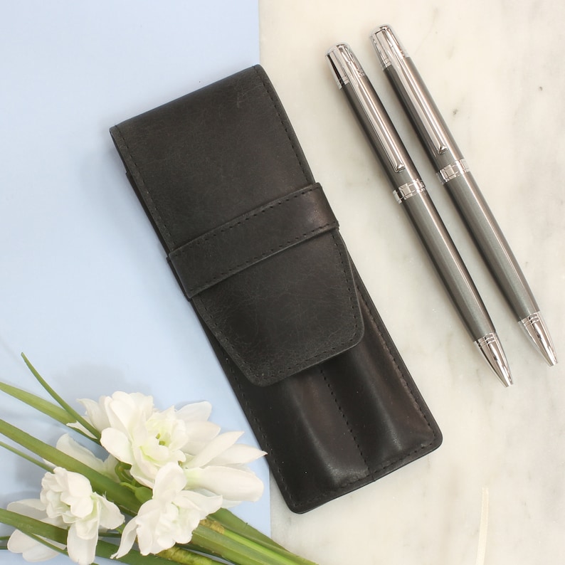 Personalised Vintage Leather Pen & Pencil Set Black