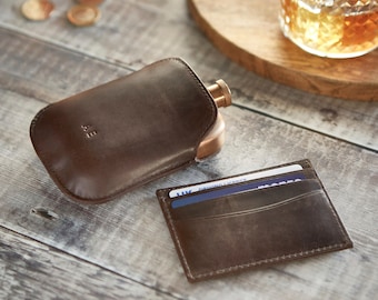 Personalised Vintage Leather Card Holder And Copper Hip Flask Set