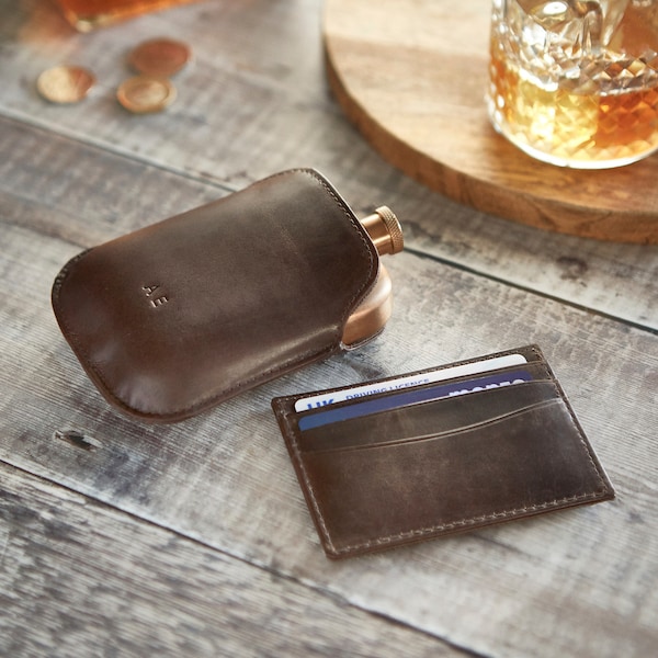 Personalised Vintage Leather Card Holder And Copper Hip Flask Set