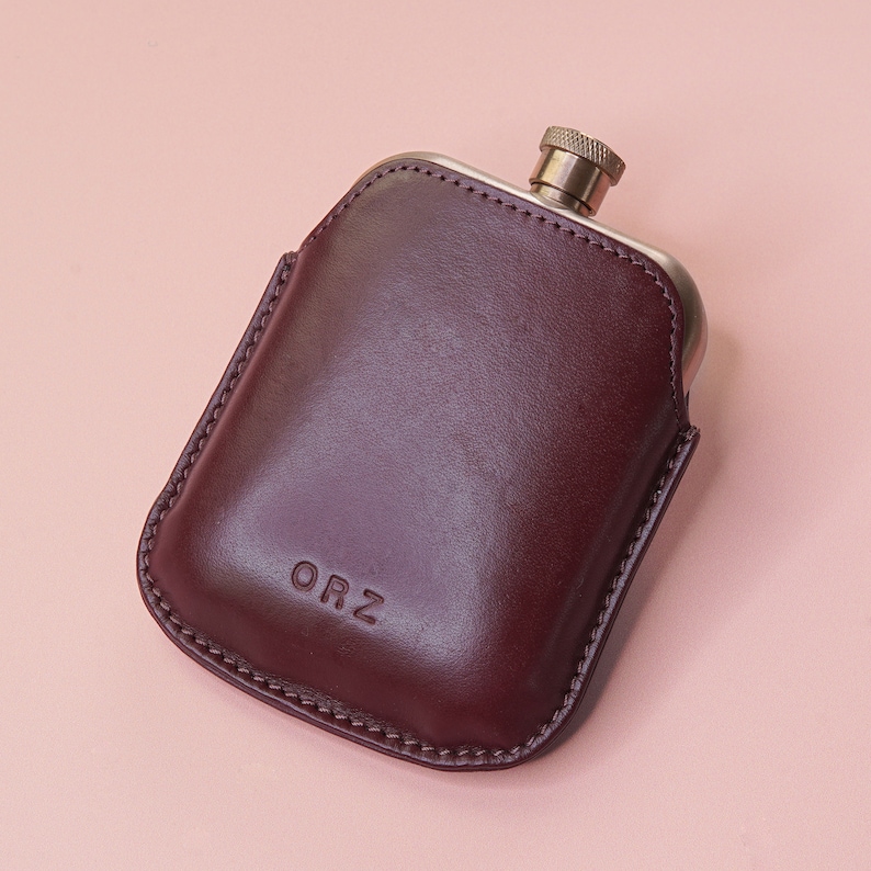 Personalised copper hip flask with leather sleeve Burgundy Leather