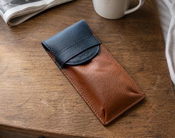 Personalised Leather Glasses Case: Fold Over Pebble Grain Gift For Him