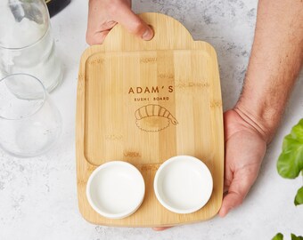 Personalised Bamboo Sushi Board With Ceramic Dipping Pots