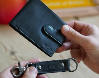 Personalised Bifold Leather Wallet & Keyring Set - Custom Men's Accessories