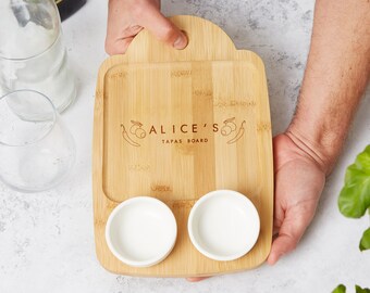 Personalised Bamboo Tapas Board With Ceramic Pots | Mezze Board | Charcuterie Board | Snack Board