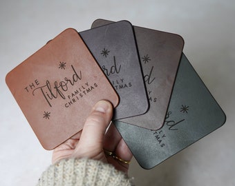 Personalised Family Christmas Leather Coasters - Festive Décor for Christmas, Set of leather coasters