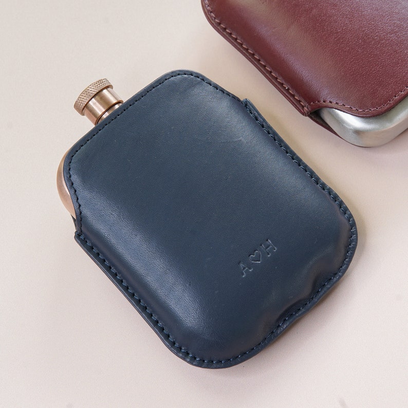Personalised copper hip flask with leather sleeve Navy Leather