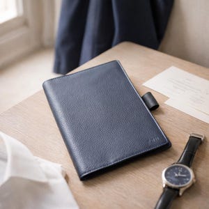 Könnte beinhalten: Ein marineblaues Lederjournal mit strukturierter Oberfläche und schwarzem Riemenverschluss. Eine schwarze Lederarmbanduhr mit silberner Lünette und dunkelblauem Zifferblatt liegt auf einer hellen Holzoberfläche.