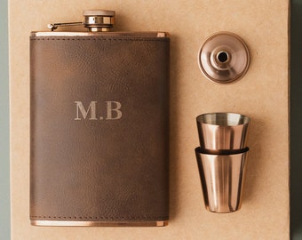 Faux Leather Personalised Wrapped Copper Hip Flask Set Gift For Him