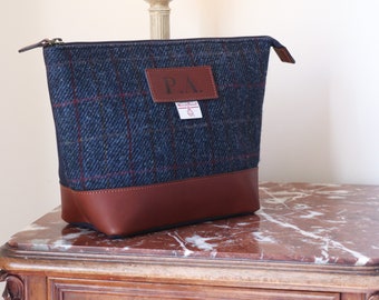 Personalised Harris Tweed & Leather Washbag Gift for Him