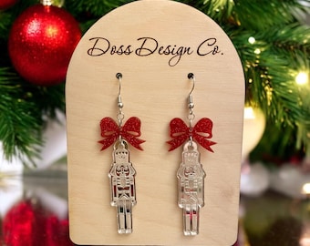 silver nutcracker earrings, nutcracker earrings, Christmas earrings, acrylic Christmas earrings, silver Christmas ornaments