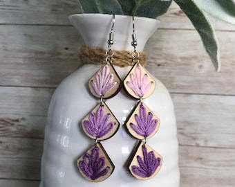 Wooden embroidery earrings, embroidery earrings, wooden earrings, embroidered earrings, wooden dangle earrings