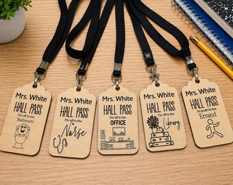 Classroom hall passes, hall pass lanyards, class bathroom pass, class hall passes, wooden hall pass set