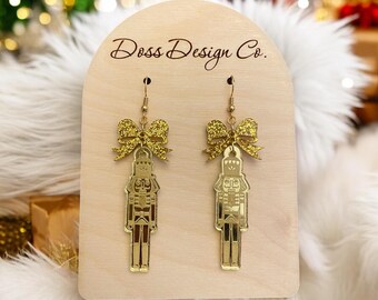 Gold nutcracker earrings, nutcracker earrings, Christmas earrings, acrylic Christmas earrings, gold Christmas ornaments