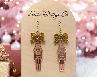 Rose gold nutcracker earrings, nutcracker earrings, Christmas earrings, acrylic Christmas earrings, rose gold Christmas jewelry