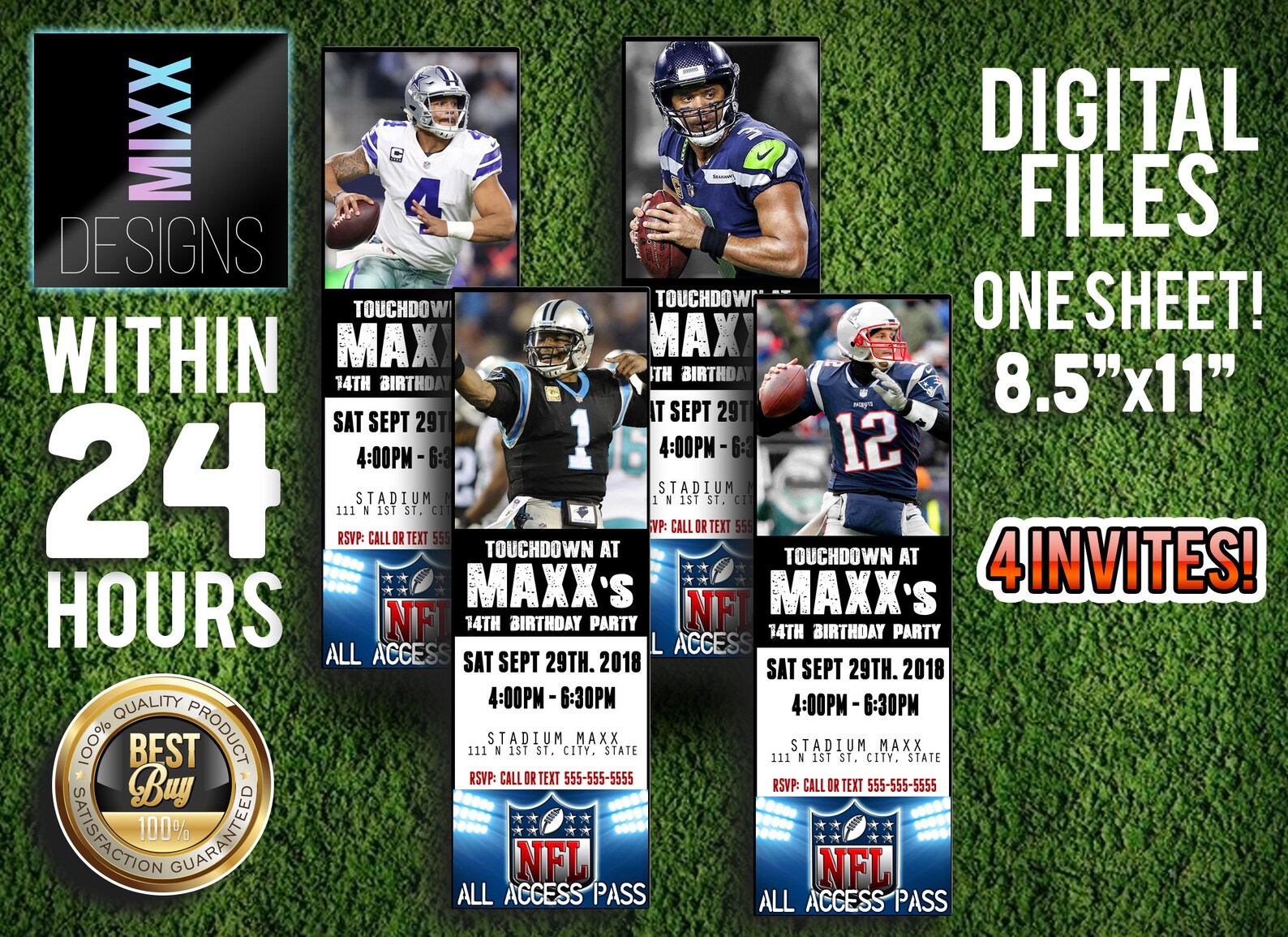 NFL Party Invitation 4 Ticket Combo Pack You Print One Etsy