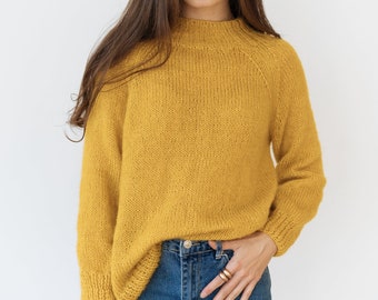 Yellow Sweater, Hand Knitted Sweater, One Size, Woman Sweater, Wool Sweater, Warm Sweater, Hand Knitting, Mohair Alpaca, Soft Yarn