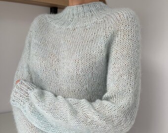 Blue Sweater, Hand Knitted Sweater, One Size, Woman Sweater, Wool Sweater, Warm Sweater, Hand Knitting, Mohair Alpaca, Soft Yarn