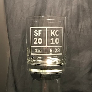 Kansas City Pro Football Fan Glass -One 2020 Championship Game 6:23 or Final Scoreboard  Sandblast Etched Pint or Double Whiskey Rocks Glass