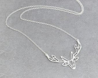 Deer Origami Necklace, Antler Necklace, Silver Necklace, Animal Necklace, Wildlife