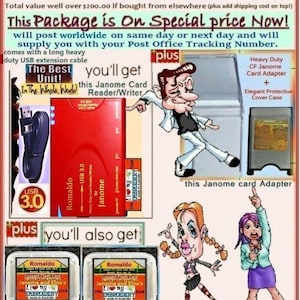 Janome /Elna Complete Special Package:  2x Janome CF Cards + latest Janome card reader/writer with a USB3.0 cable + Janome Card Adapter