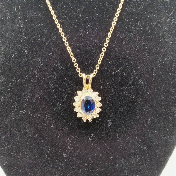 Lindenwold Pendant Necklace Simulated Blue Sapphire 18" Gold Tone Chain VTG NOS