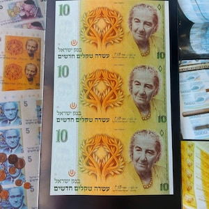 Israel Uncut Sheet of 3 Banknotes 10 Sheqalim Shekel Golda Meir 1985 UNC