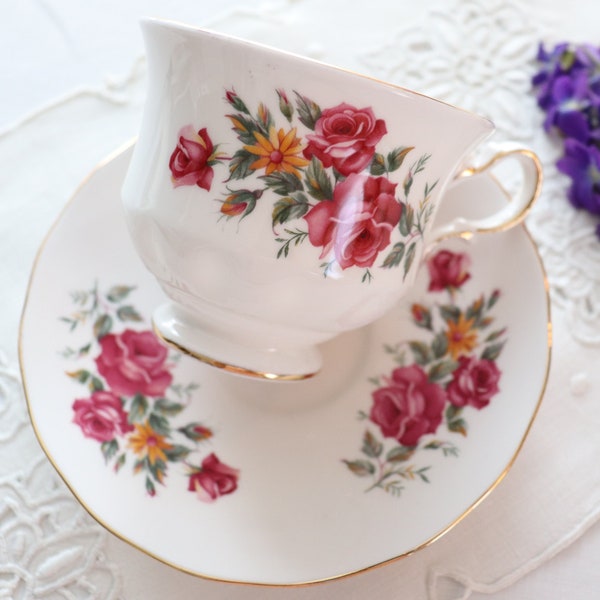 Vintage Queen Anne Bone China Cup and Saucer with Dark Pink Roses and Orange Daisies, Made in England - Pattern 8628