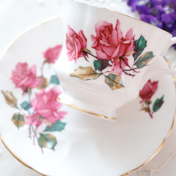 Vintage Royal Windsor Dark Pink Roses Fine Bone China Cup and Saucer, Pattern D2233/4. Made in England