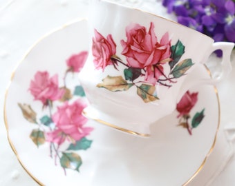 Vintage Royal Windsor Dark Pink Roses Fine Bone China Cup and Saucer, Pattern D2233/4. Made in England