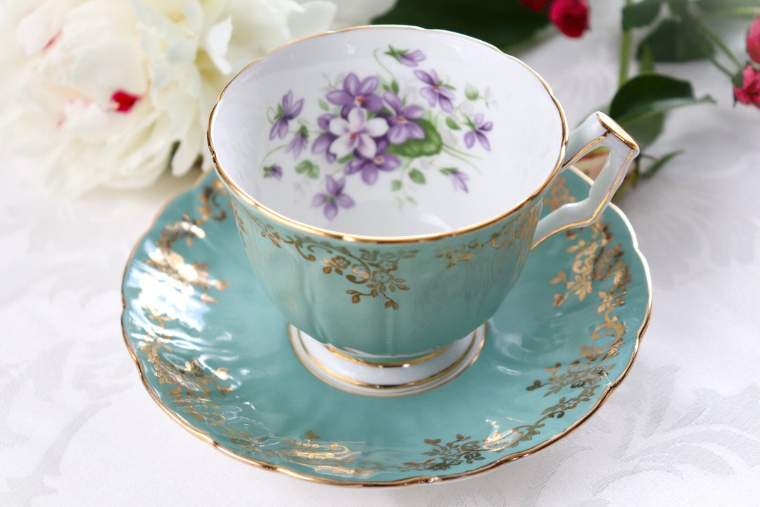 Vintage Aynsley "violette" Sage Green With Purple Wood Violets and Gold