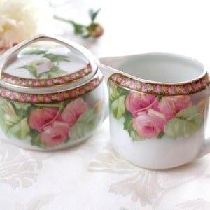 Antique porcelain Rosenthal Donatello Pink Roses Creamer and Sugar Bowl Set. Made in Selb, Bavaria