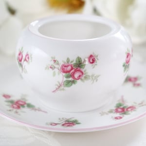 Vintage Shelley &quot;Bridal Rose&quot; Pink Rose Spray Smooth Bone China Sugar Bowl and Saucer Set. Ovide Shape. Pattern 13545. Made in England