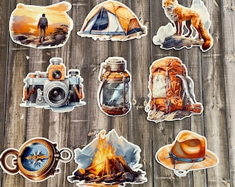 Camping Stickers Set of 9,  Hiking Stickers, Outdoor Adventure Decals, Camper Planner Stickers, Nature Lover Gift
