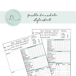 Peut inclure: Une feuille de style imprimable pour les créateurs de mode. La feuille est divisée en sections pour les hauts, les chemisiers, les chemises, les robes et les robes. Chaque section comporte des colonnes pour des détails tels que le tissu, la couleur et le numéro de style. La feuille est intitulée "feuille de modèle style sheet" et "FORMAT LEGAL LEGAL SIZE".