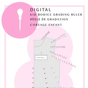 May include: A digital kid bodice grading ruler featuring a grey bodice pattern and a grid of numbers from 2 to 16. The ruler is designed to assist sewists in creating custom-fitting bodices for children.