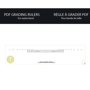 May include: A black and white ruler with markings for grading PDF patterns. The ruler is labeled "PDF Grading Rulers" and "For waist band" in English and "RÈGLE À GRADER PDF" and "Pour bande de taille" in French. The ruler is designed for adult waistbands and has the text "Adult Waistband Grading" and "Graduation Bande de Taille Adulte" on it.