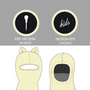 May include: A digital PDF pattern for a ski mask and a cagoule for kids. The pattern includes seam allowance and is bilingual. The image shows a line drawing of the ski mask and cagoule.